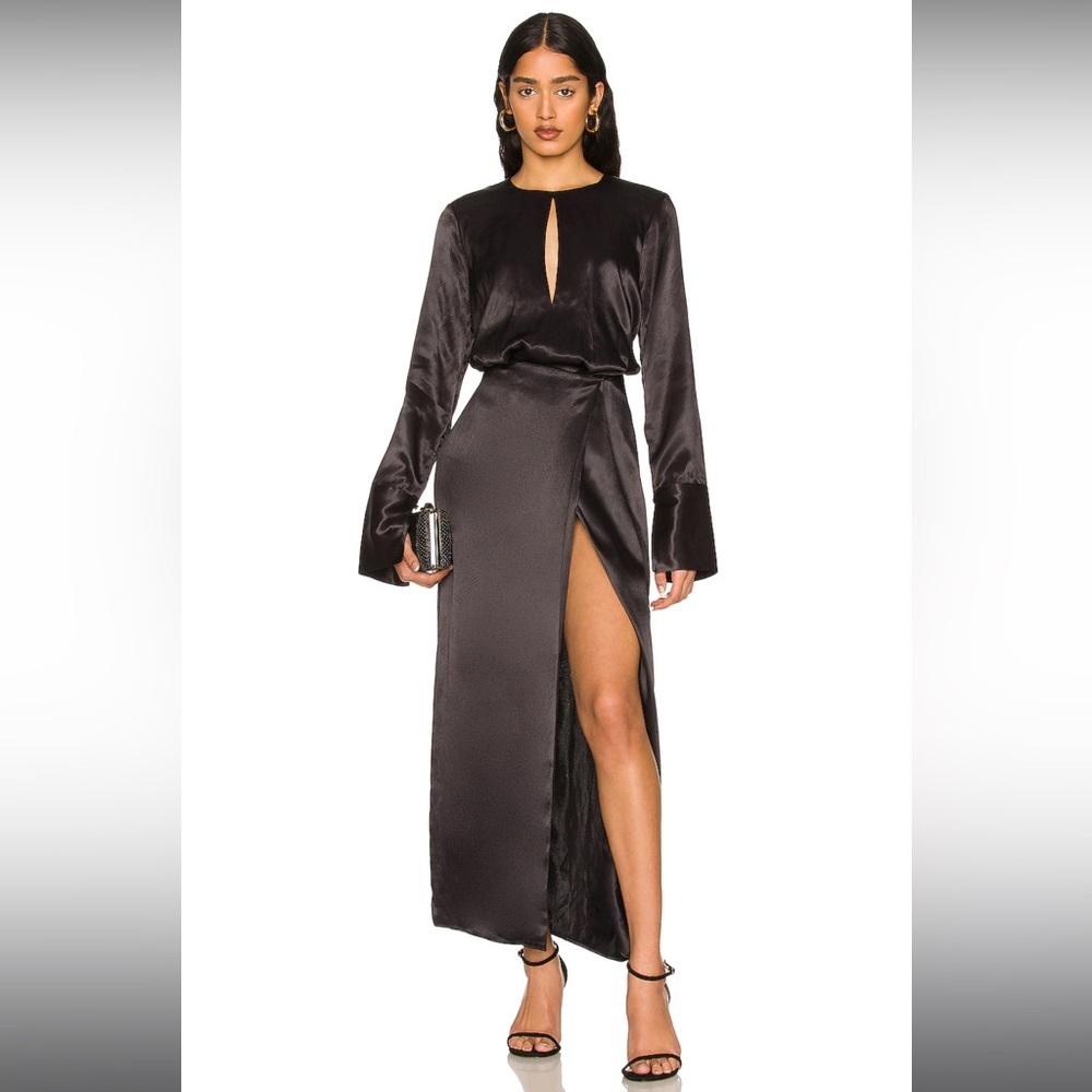 L’Academie Ricci Black Satin Formal Maxi Dress with Open Back, Long Cuff Sleeves